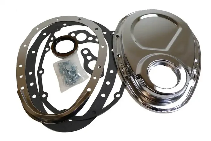 1955-65 Compatible/Replacement For Chevy Small Block 283-305-327-350-400 Steel 2-Piece Timing Chain Cover Set – Chrome