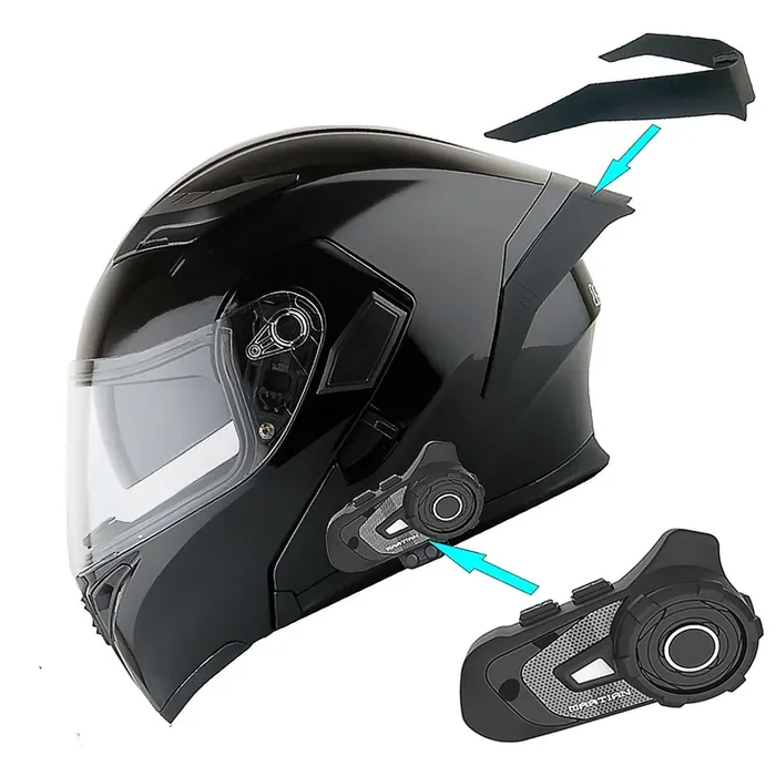 1Storm Motorcycle Modular Full Face Flip Up Dual Visor Helmet + Spoiler Bundle With Freedconn Motorcycle Bluetooth Headset Hb89 Glossy Black