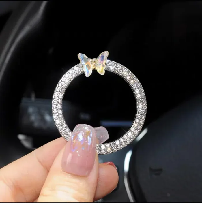 3Leavtrees Bling Ring Emblem Car Accessories – Rhinestone Crystal Ring For Car Buttons & Knobs, Push To Start Button Cover, Key Ignition Starter & Knob Ring For Women (White Butterfly)
