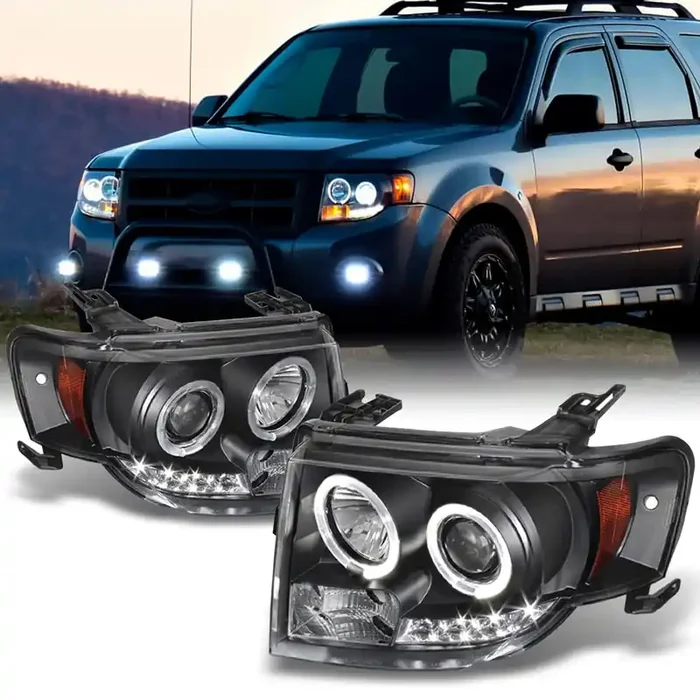 Akkon – For 2008-2012 Ford Escape Black Bezel Dual Halo Ring Led Design Halogen Type Projector Headlights Front Lamps Pair