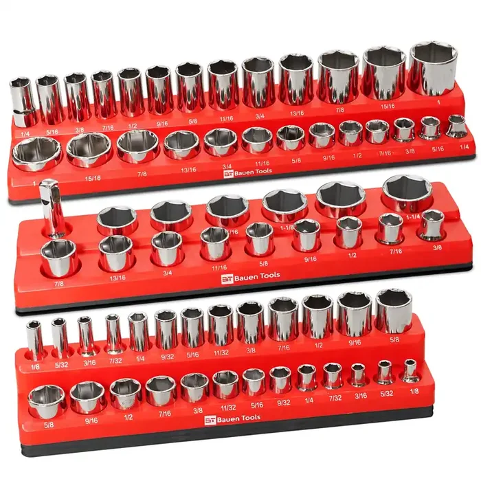 Bauen Tools Magnetic Socket Organizer Set -3 Piece Sae Magnetic Socket Holder Set Red – 1/2-Inch, 3/8-Inch & 1/4-Inch Drive, Hol