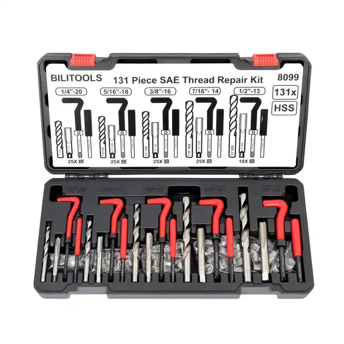 Bilitools Thread Repair Kit Sae, 131-Piece Hss Drill Helicoil Repair Kit 1/4‘‘ 5/16‘‘ 3/8‘‘ 7/16‘‘ 1/2‘‘
