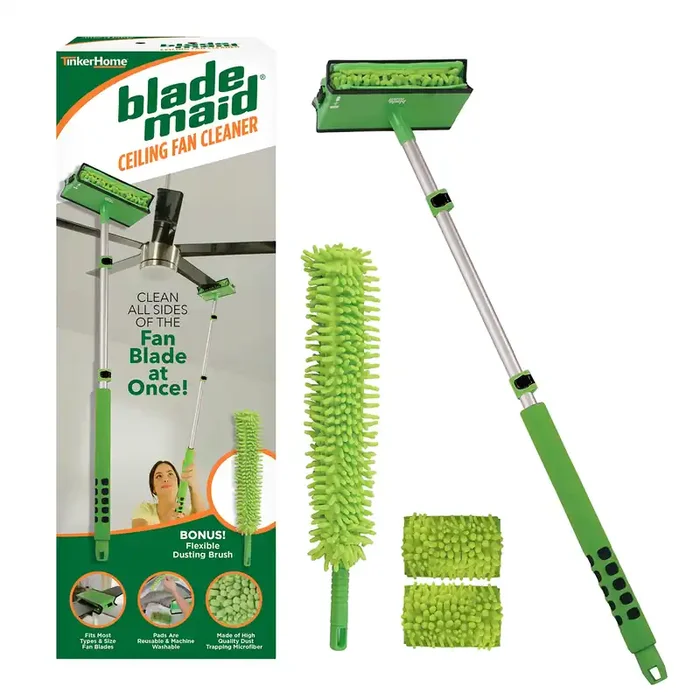 Blade Maid 3ft Ceiling Fan Blade Cleaner & Dusting Brush, Extendable Pole, Reusable Microfiber Pads, Wall Duster for High Ceilings
