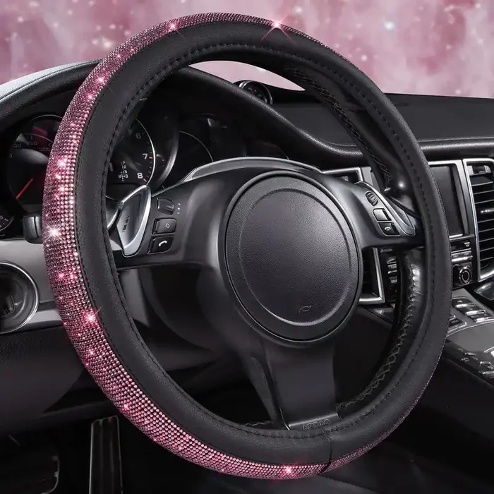 Car Pass Bling Diamond Leather Steering Wheel Cover, Bling Sparkly Crystal Glitter Rhinestones Universal Fit 14‘‘ 1/2-15‘‘ Car W