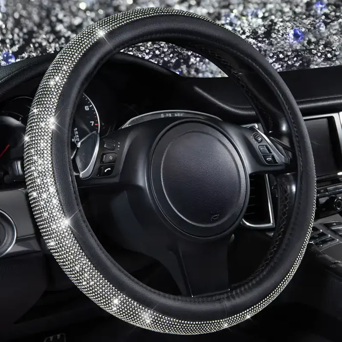 Car Pass Diamond Black Leather Steering Wheel Cover, With Bling Crystal Rhinestones Universal Fit 14‘‘ 1/2-15‘‘ Crystal Glitter