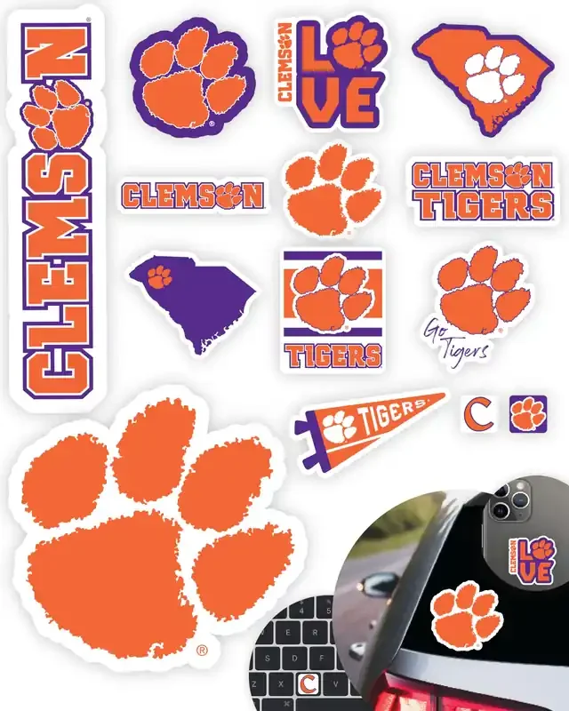 Clemson Stickers (14 Stickers) 2 Large 5‘‘ For Car Windows 10 Medium 2.5‘‘ For Water Bottles Laptops Phones And 2 Mini Keyboard