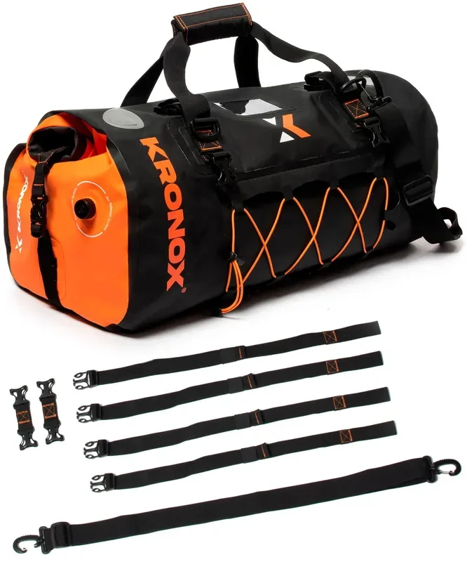 Kronox Waterproof Duffle Bag For Motorcycle Back Seat – Black & Orange, Vinyl, Hook And Loop Closure, 40-60 Liters Capacity, Ultimate Gear For Riders