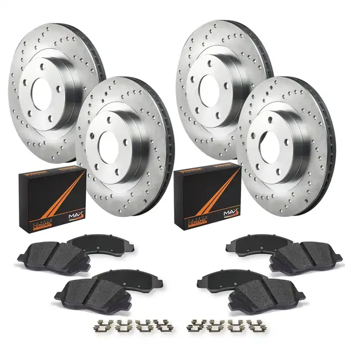 Max Advanced Brakes Front & Rear Brake Kit For 2007-2012 Lexus Es350 2008-2012 Toyota Avalon 2007-011 Toyota Camry Replacement Cross Drilled Disc Brake Rotors And Ceramic Brake Pads