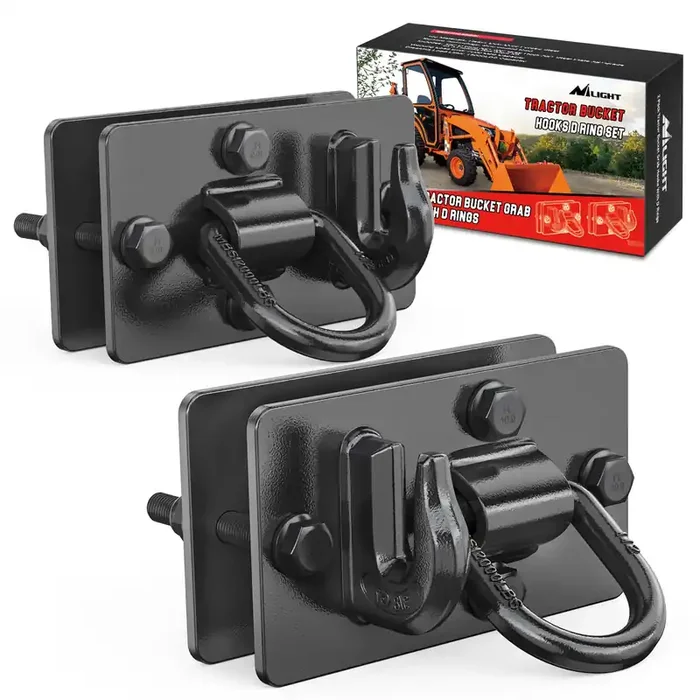 Nilight 2Pcs Tractor Bucket Hooks With Tie Down Ring, Grade 70 Grade Forged Steel Bolt-On Grab Hook With Back Plates For Tractor Bucket Rv Utv Truck Mbs 15000 Lbs, Black, 2 Years Warranty
