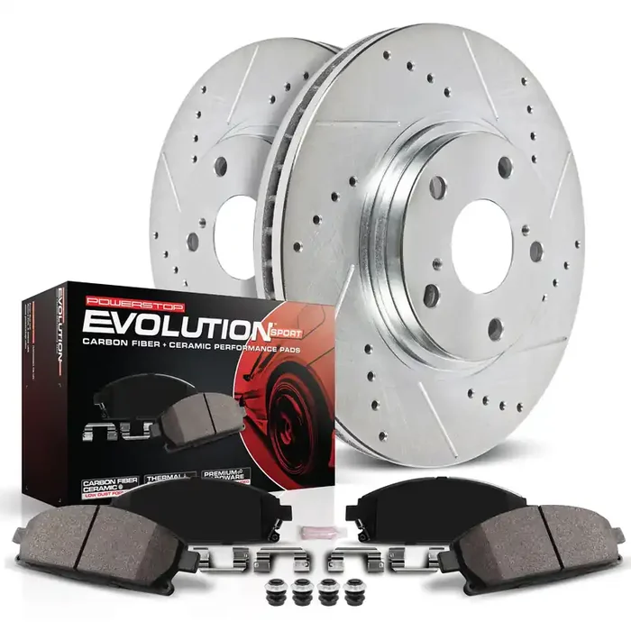 Power Stop K1720 Rear Z23 Carbon Fiber Brake Pads With Drilled & Slotted Brake Rotors Kit For 2005-2021 Chrysler 300 300C 2006