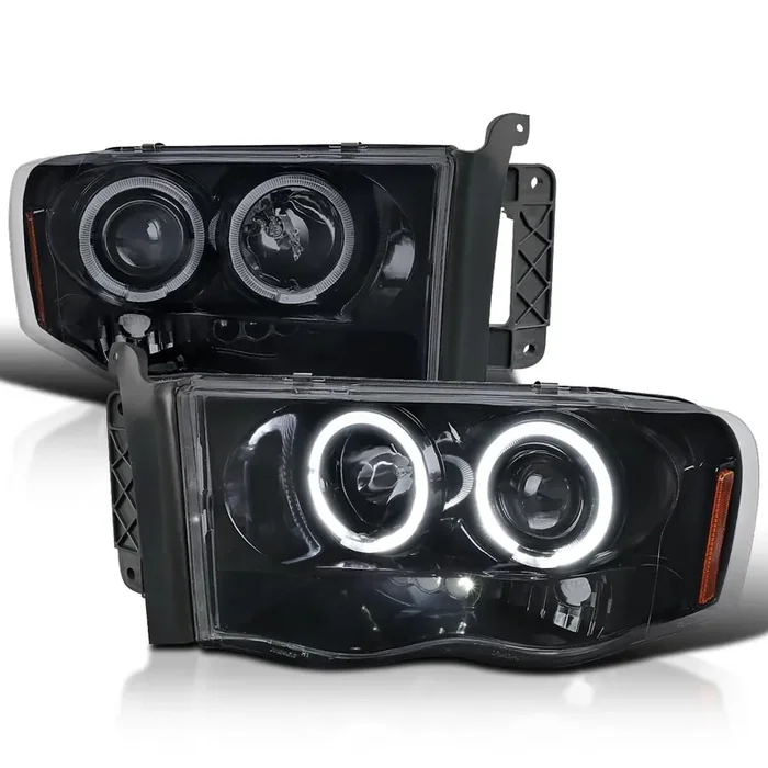 Spec-D Tuning Dual Halo Led Projector Glossy Black Housing Smoke Lens Compatible With 2002-2005 Dodge Ram 1500, 2003-2005 Dodge
