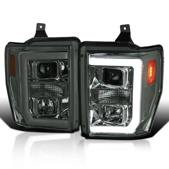 Spec-D Tuning Led Light Bar Smoke Lens Projector Headlights Compatible With 2008-2010 Ford F250/F350/F450/F550 Super Duty, Left + Right Pair Headlamps Assembly