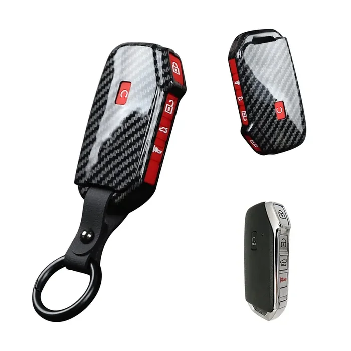 Xotic Tech Glossy Black Carbon Fiber Pattern Abs Key Fob Shell Cover Case W/Red Silicone Button Cover, Compatible With Kia Ceed